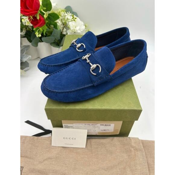 Men\'s Gucci horse bit blue suede loafers size 7 fits 7.5 US made in Italy main image 6